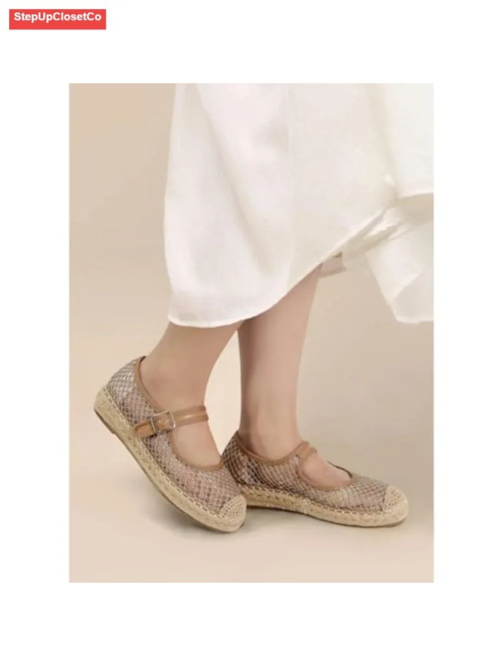 Woven Mesh Mary Jane Flats Espadrilles Platform Buckle Strap Comfort Dressy